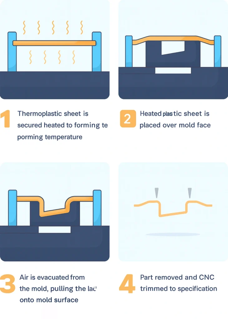 Vacuum forming steps: heating plastic, molding, and CNC trimming